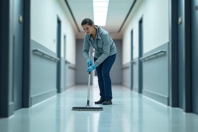 Janitorial staff cleaning a hallway in a professional setting at night
